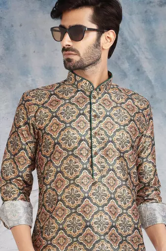 beige printed banarasi silk straight dhoti kurta  for men