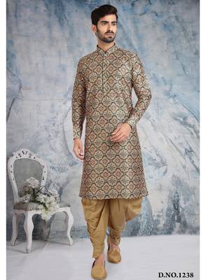 beige printed banarasi silk straight dhoti kurta  for men 3