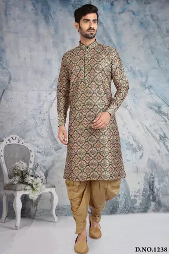 beige printed banarasi silk straight dhoti kurta  for men