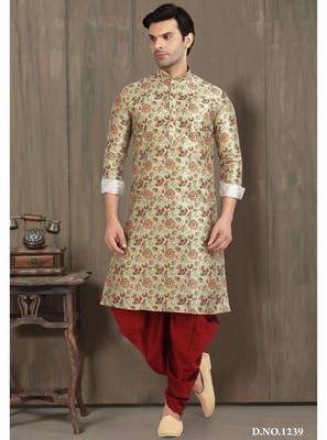 green printed banarasi silk straight dhoti kurta  for men 1