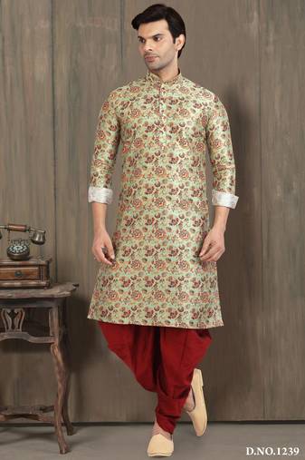 Green printed banarasi silk straight kurta for men