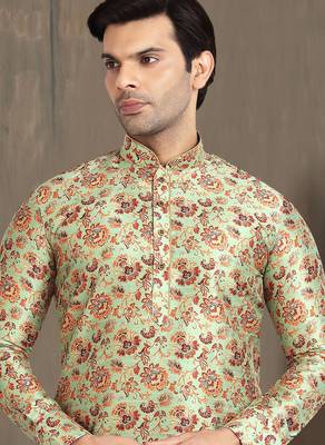 green printed banarasi silk straight dhoti kurta  for men 2