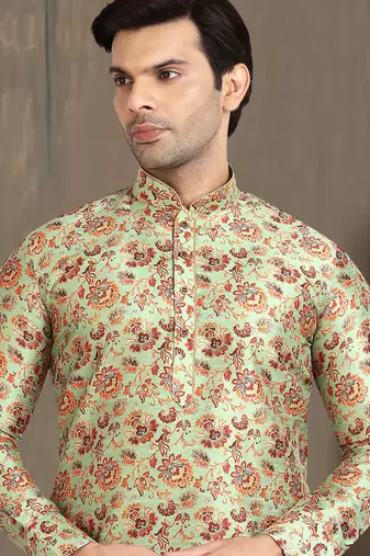 green printed banarasi silk straight dhoti kurta  for men