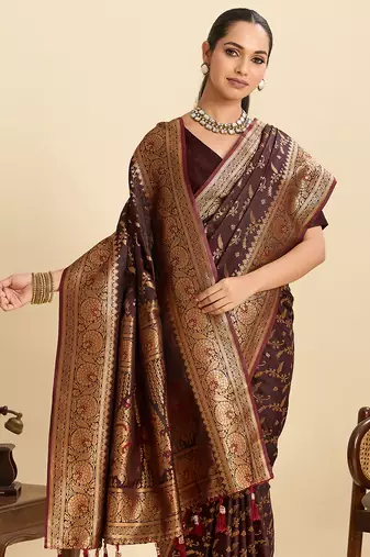 coffee wevon zari soft silk blend partywear saree