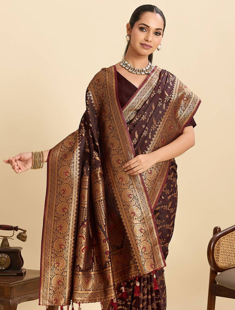 coffee color wevon jari designer soft silk blend partywear saree