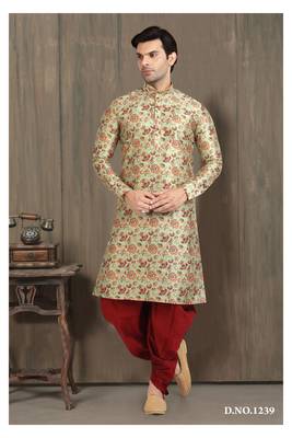 green printed banarasi silk straight dhoti kurta  for men 3