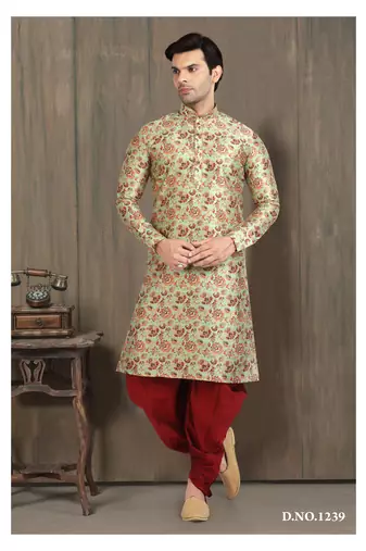 green printed banarasi silk straight dhoti kurta  for men