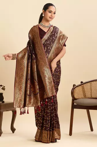 coffee wevon zari soft silk blend partywear saree