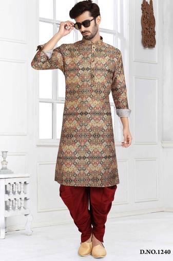 Multi color printed banarasi silk straight kurta for men