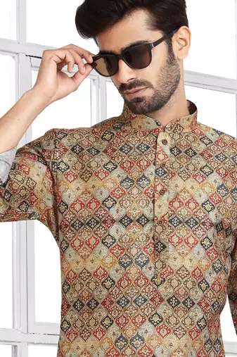 multi color printed banarasi silk straight dhoti kurta  for men