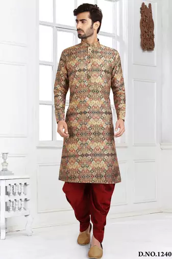 multi color printed banarasi silk straight dhoti kurta  for men