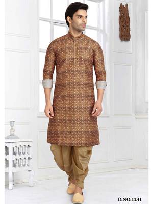 brown printed banarasi silk straight dhoti kurta  for men 1