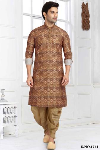 Brown printed banarasi silk straight kurta for men