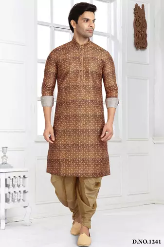Brown printed banarasi silk straight kurta for men