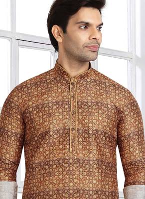 brown printed banarasi silk straight dhoti kurta  for men 2