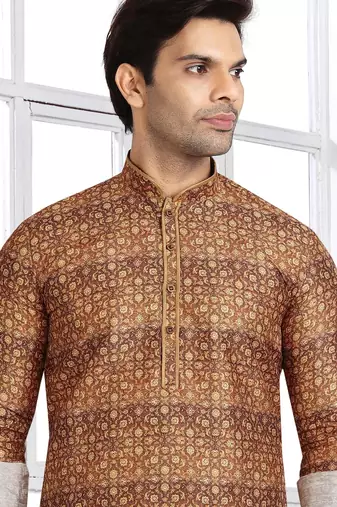 brown printed banarasi silk straight dhoti kurta  for men