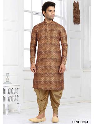 brown printed banarasi silk straight dhoti kurta  for men 3