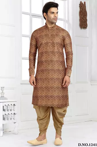 brown printed banarasi silk straight dhoti kurta  for men