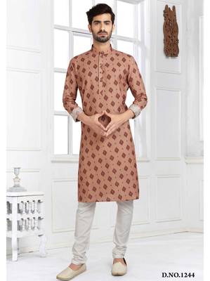 beige cotton printed fabric straight kurta churidar for men 1