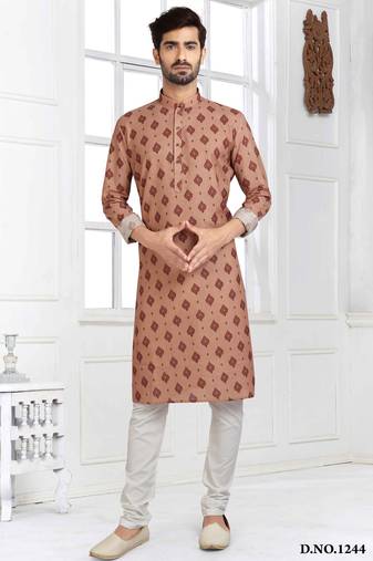 Beige cotton printed fabric straight kurta for men
