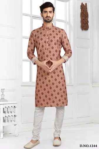 Beige cotton printed fabric straight kurta for men