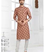 Beige cotton printed fabric straight kurta for men