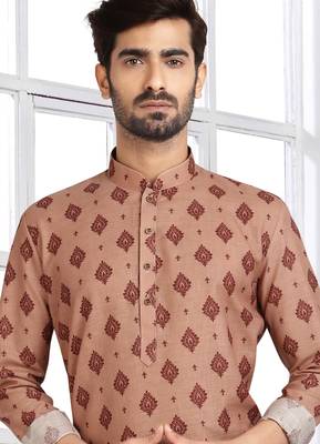 beige cotton printed fabric straight kurta churidar for men 2