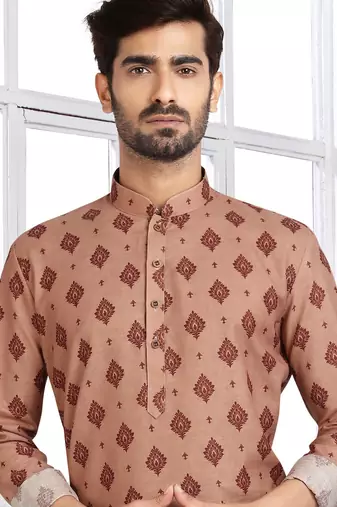 beige cotton printed fabric straight kurta churidar for men