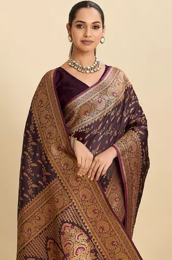 wine wevon zari soft silk blend partywear saree