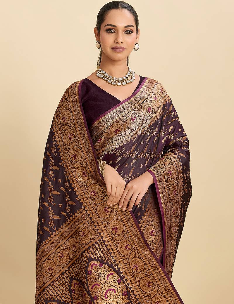 wine color wevon jari designer soft silk blend partywear saree