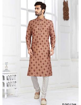 beige cotton printed fabric straight kurta churidar for men 3