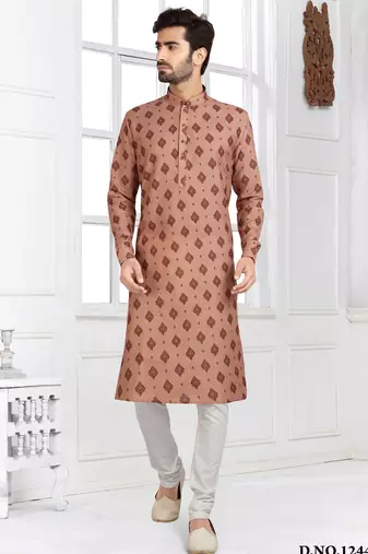 beige cotton printed fabric straight kurta churidar for men