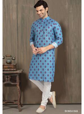 blue cotton printed fabric straight kurta churidar for men 1