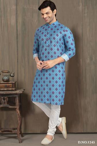 Blue cotton printed fabric straight kurta for men