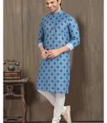 Blue cotton printed fabric straight kurta for men