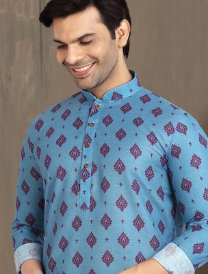 blue cotton printed fabric straight kurta churidar for men 2