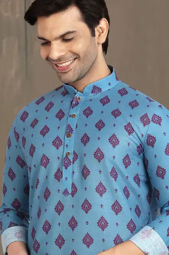 blue cotton printed fabric straight kurta churidar for men