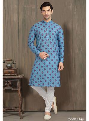 blue cotton printed fabric straight kurta churidar for men 3