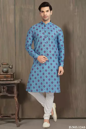 blue cotton printed fabric straight kurta churidar for men