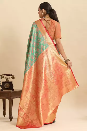 sea green silk blend woven zari ethnic partywear saree
