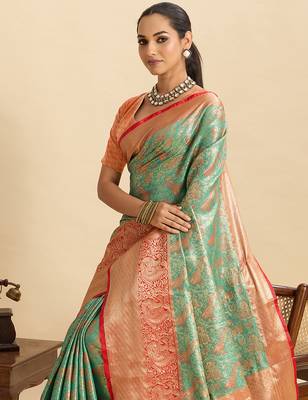 sea green silk blend woven zari ethnic partywear saree 3