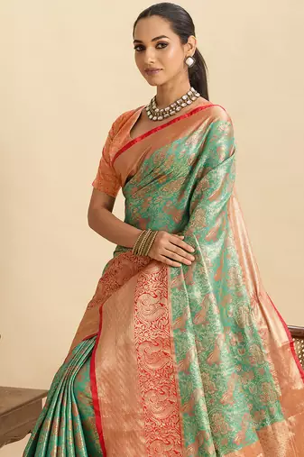 sea green silk blend woven zari ethnic partywear saree