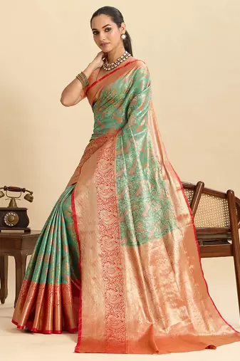 sea green silk blend woven zari ethnic partywear saree