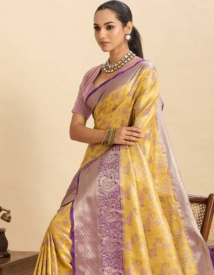 yellow silk blend woven zari ethnic partywear saree 3