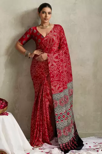 red color rich looks designer bandhani printed elegant festive saree