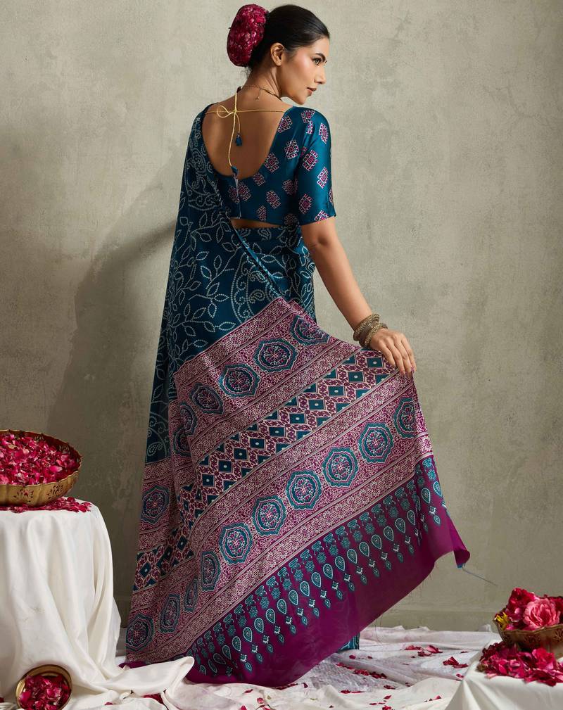 teal color rich looks designer bandhani printed elegant festive saree