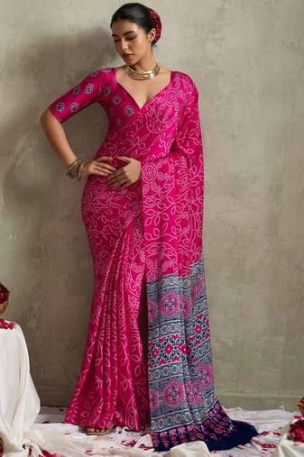 pink color rich looks designer bandhani printed elegant festive saree