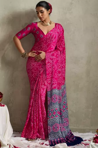 pink color rich looks designer bandhani printed elegant festive saree