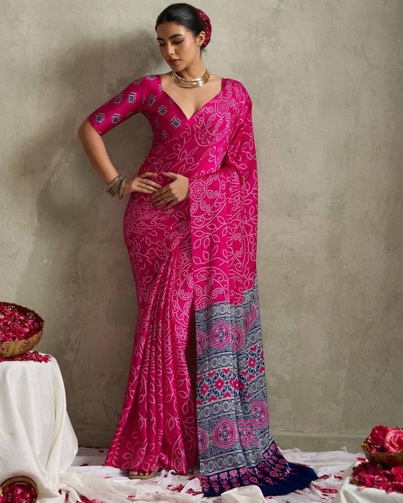 pink color rich looks designer bandhani printed elegant festive saree