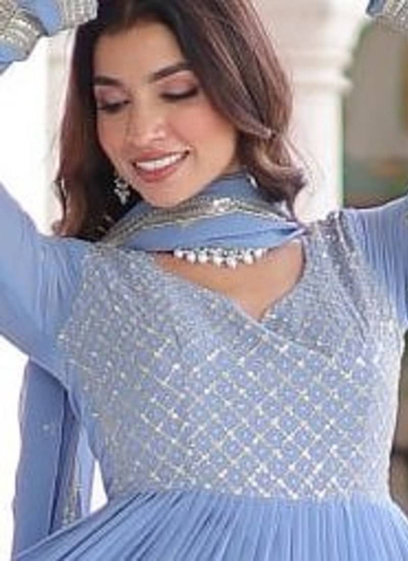 Faux georgette gown with with sequins zari embroidered cut work dupatta